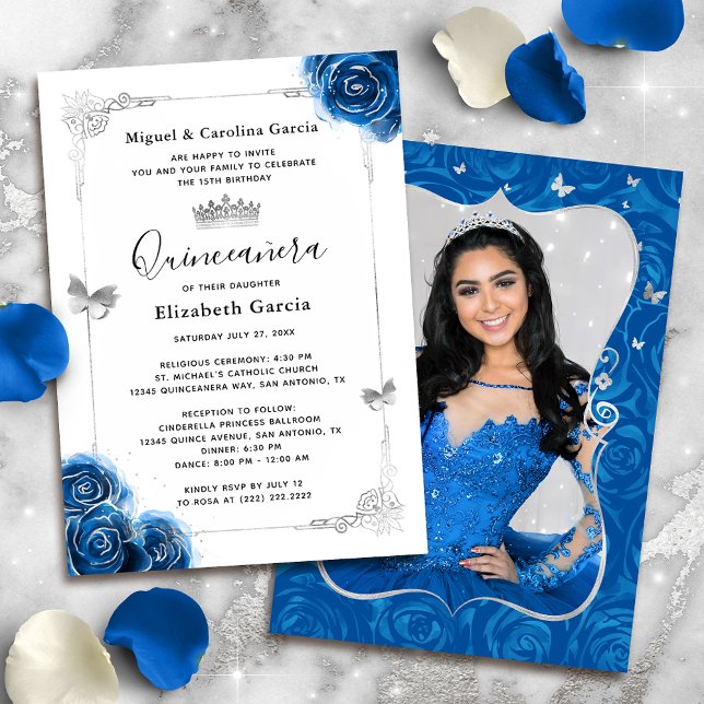 Convite Foto de Quinceanera Real Azul de Prata Floral Eleg (Elegant royal blue and silver quinceanera invitations that you can add your personalized photo to.)