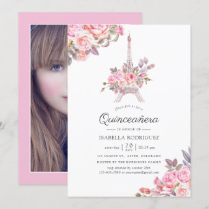 Convite Foto de Quinze Anos Floral Rosa em Aquarela Paris