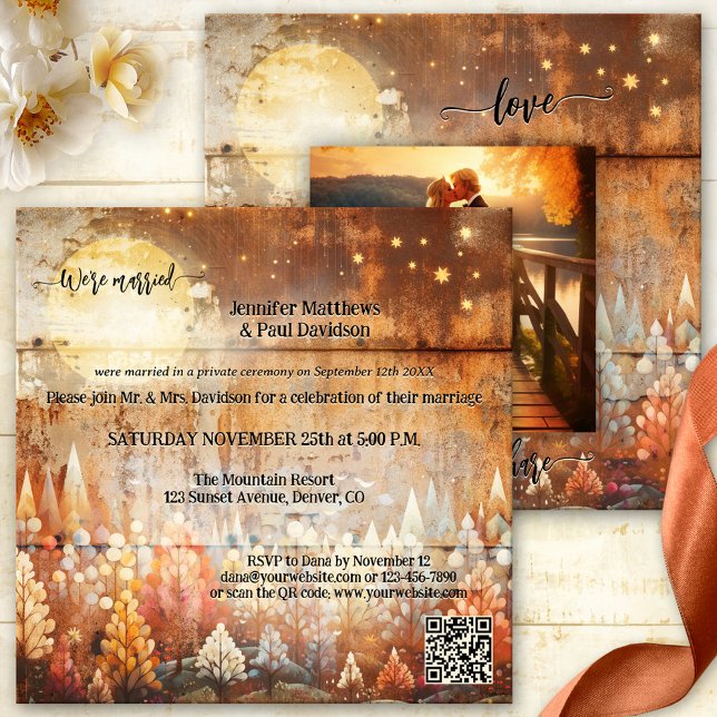 Convite Foto de Recepção de casamento da Floresta de Queda (Boho fall photo wedding reception invitation featuring a forest with full moon and stars)