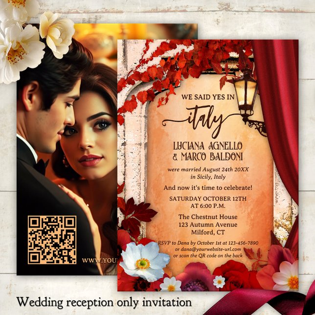 Convite Foto de Recepção de casamento de queda de elopemen (Italian wedding reception only or elopement invitation featuring a roman arch with fall leaves)