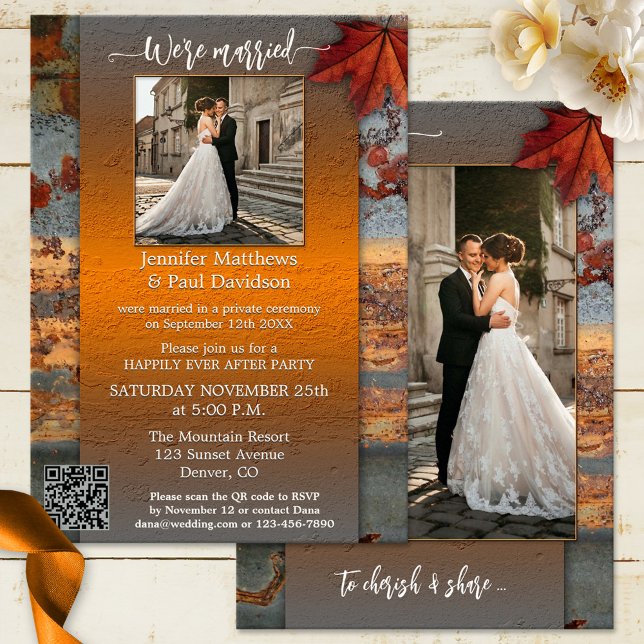 Convite Foto de Recepção de Casamento outono Industrial Ru (Industrial happily ever after wedding invitation featuring your photo on a colorful autumn design)