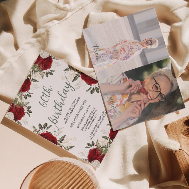 Convite Foto de Rosa vermelha Floral do Script Elegante 60 (Criador carregado)