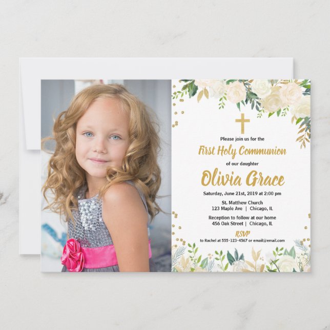 Convite Foto de rosas de ouro branco Primeira Comunhão (Frente)