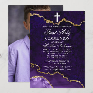 Convite Foto de Roxo Marble, Primeira Comunhão Sagrada