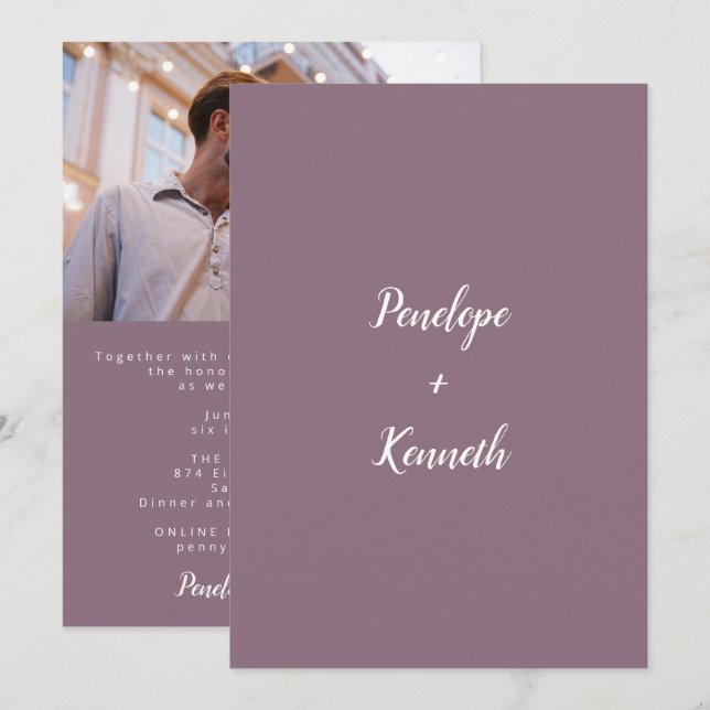 Convite Foto de Roxo Roxo de Casamento Moderno com Script  (Frente/Verso)