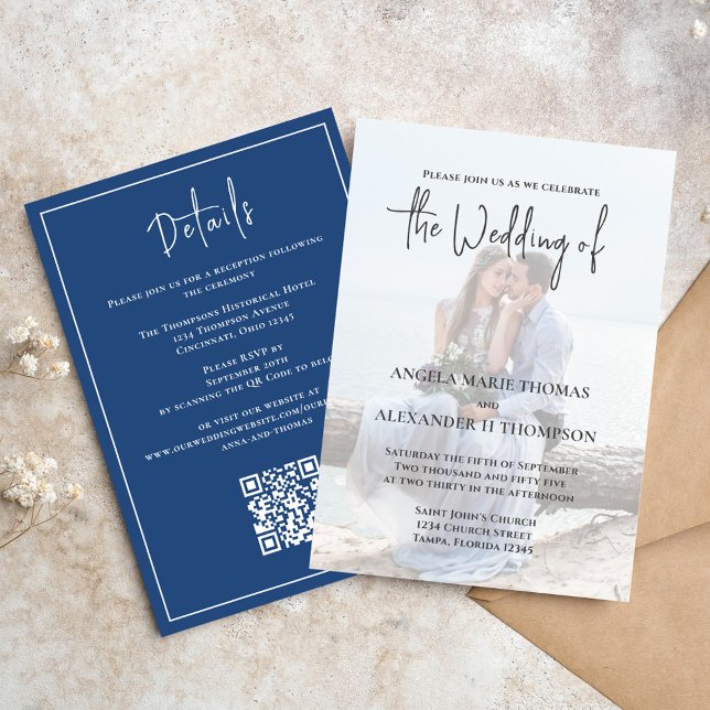 Convite Foto de RSVP de Fotografia Clássica Elegante (Elegant photo wedding invitation with QR code RSVP and details. )