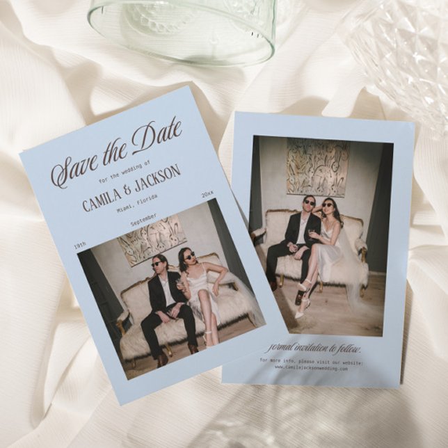 Convite Foto de Salvar a Data de Casamento Azul e Marrom (Criador carregado)
