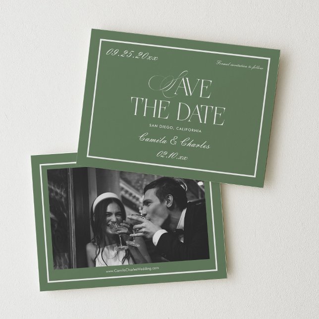 Convite Foto de Salvar a Data de Casamento em Verde Sage R (Criador carregado)