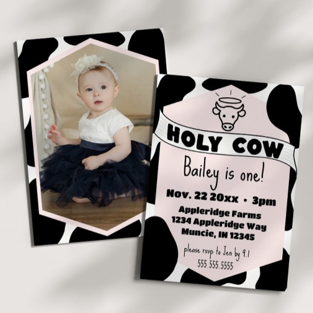 Convite Foto de Santa Vaca, Criança de Impressão de Vaca,  (Holy cow cute kid's birthday party invitation pink cow print modern bday invite )