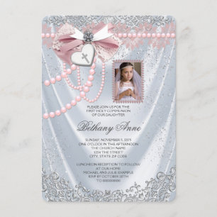 Convite Foto de Satin Branco de Meninas Primeira Comunhão
