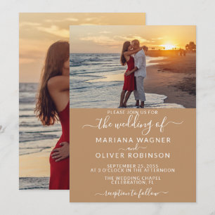 Convite Foto de Script Elegante Boho Tan Beige Wedding