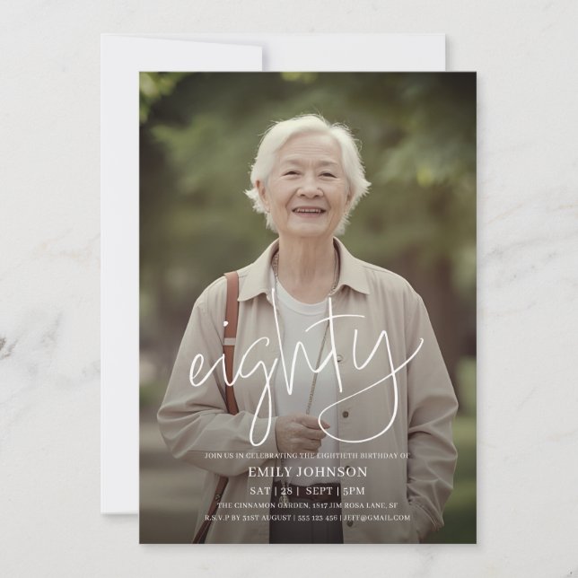 Convite Foto de Script Moderno - Dia de Aniversário do 80  (Frente)