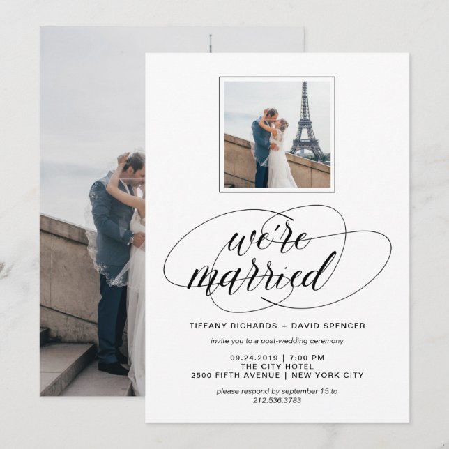 Convite Foto de script sofisticado preto e branco | Casamo (Frente/Verso)