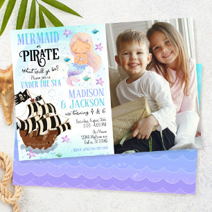 Convite Foto de Sereia & Pirata Irmãos Aniversário Conjunt