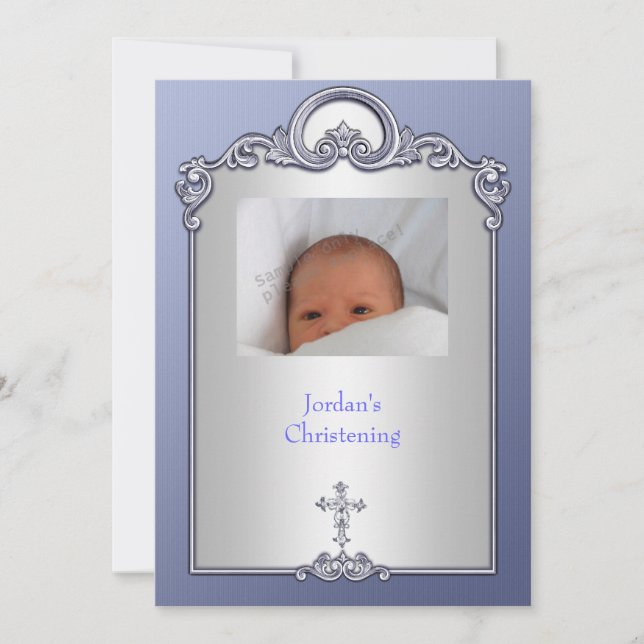 Convite Foto de Silver Azul Frame Jewel Cross Christening (Frente)