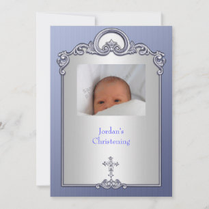 Convite Foto de Silver Azul Frame Jewel Cross Christening
