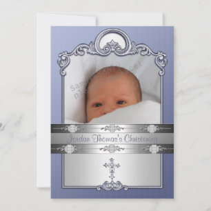 Convite Foto de Silver Azul Frame Jewel Cross Christening