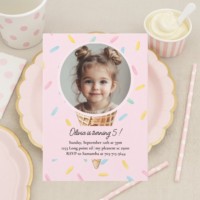 Convite Foto de Sorvete Rosa Pastel de Aniversário  (Criador carregado)