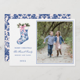 Convite Foto de Stockin do Damasco do Avô, Rosa e Azul