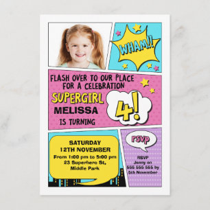 Convite Foto de Super-Herói para Meninas 4.º Aniversári