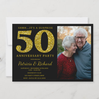 Convite Foto de Surpresa Brilho Preto Dourado 50º Aniversá