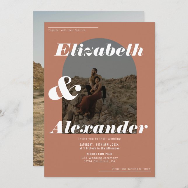 Convite Foto de terraço em arco moderno, foto retrô casame (Frente/Verso)