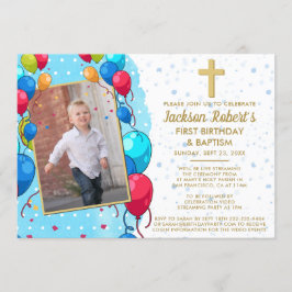 Convite Foto de Texto Dourado Azul Baptism do primeiro ani