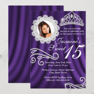 Convite Foto de Tiara de Diamante Prata Roxa Quinceanera