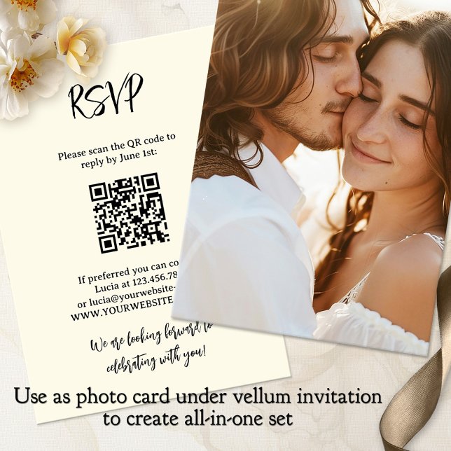 Convite Foto de todos em um casamento de fundo com Vellum (Photo wedding invitation background with RSVP and QR code - all-in-one with vellum invite)