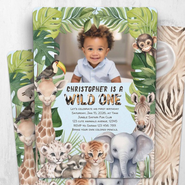 Convite Foto de um primeiro aniversario selvagem de animai (Blue wild one invitation, Baby boy first birthday photo invitation. Jungle animals themed birthday.)