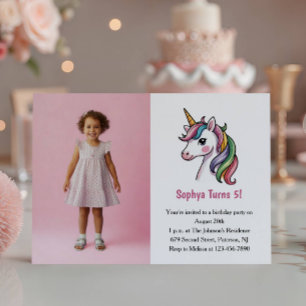 Convite Foto de Unicórnio Rosa Fofa Aniversário de Criança