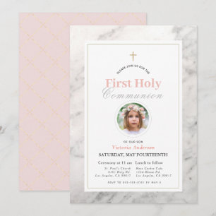 Convite Foto de White Marble Girl Primeira Comunhão