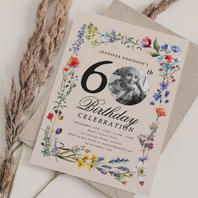 Convite Foto de Wildflower 60th Champagne de Festa de aniv (Wildflower Photo 60th Birthday Party Champagne Invitation)
