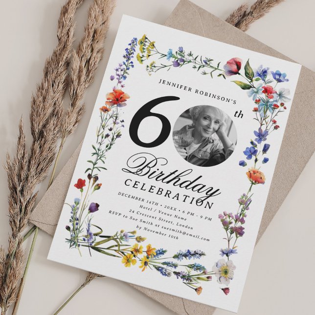 Convite Foto de Wildflower Meadow 60th Festa de aniversári (Wildflower Meadow Photo 60th Birthday Party Invitation)