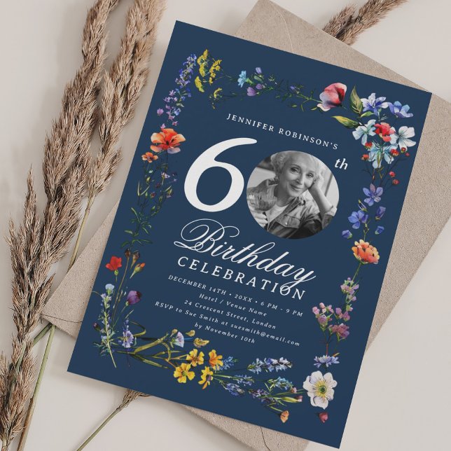 Convite Foto de Wildflower Meadow 60th Marinho (Wildflower Meadow Photo 60th Birthday Party Navy Invitation)