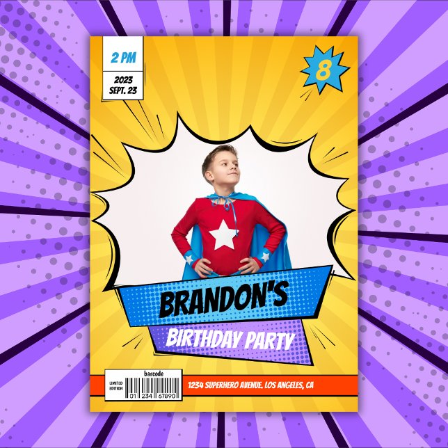 Convite Foto de Yellow Boy do Super-Herói (Superhero Comic Photo Yellow Boy Birthday Invitation Template)