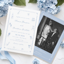 Convite Foto desenhada à mão White e Casamento azul empoei