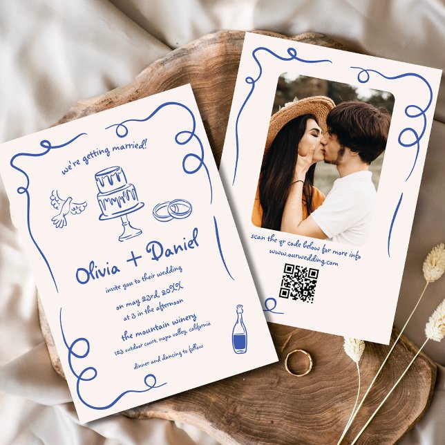 Convite Foto Desenhada Mão Código QR Casamento Whimsical A (Criador carregado)