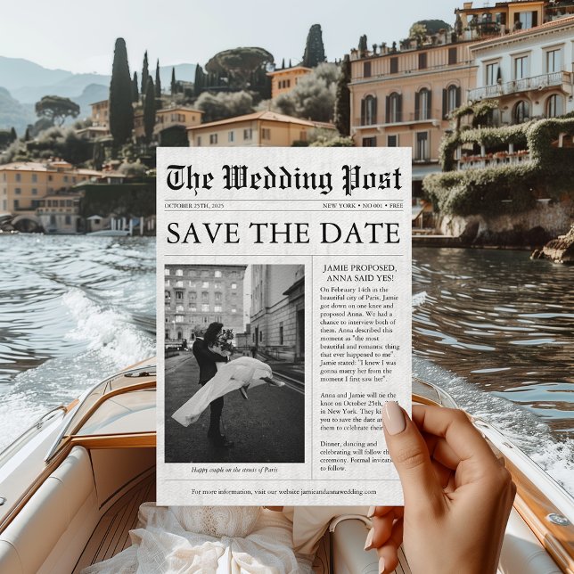 Convite Foto divertida exclusiva do jornal Salvar a data C (Engagement Announcement Newspaper Save the Date)