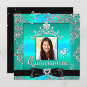 Convite Foto do 15 do Quinceanera Teal Silver Damask
