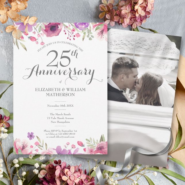 Convite Foto do 25º Aniversário de Casamento com Rosas em  (25th Wedding Anniversary Photo Watercolor Roses Invitation)