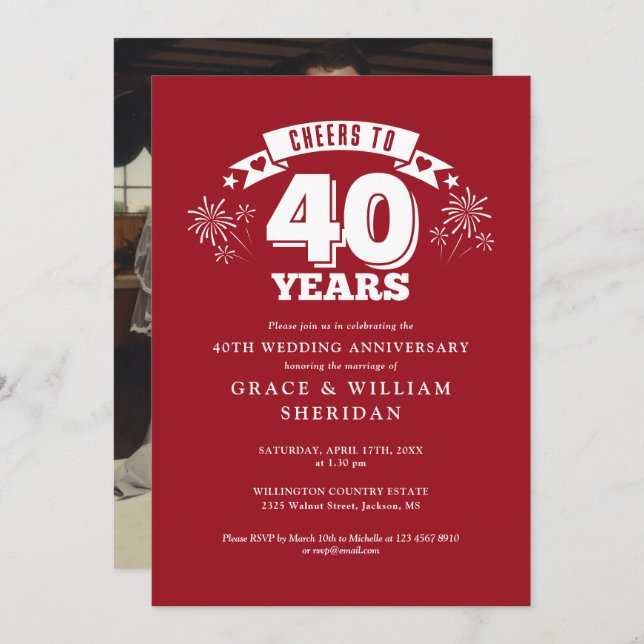 Convite Foto do 40º aniversário de casamento de Ruby (Frente/Verso)