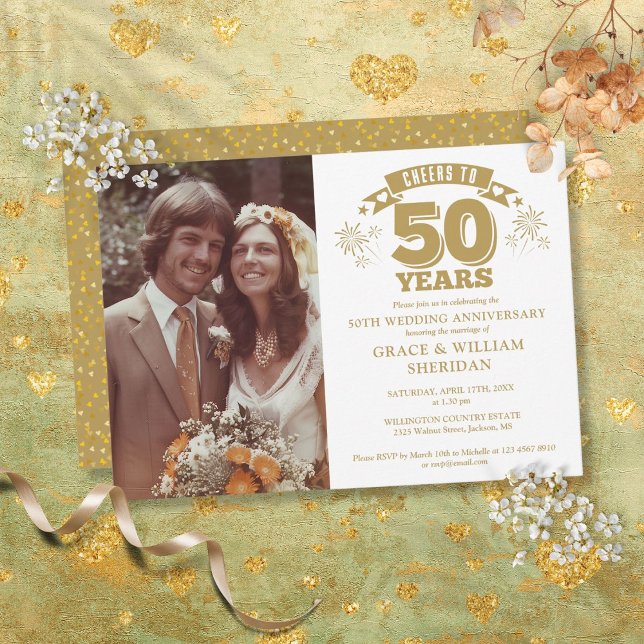Convite Foto do 50º Aniversário de Casamento (Cheers To 50th Wedding Anniversary Photo Invitation)