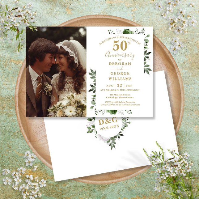 Convite Foto do 50º Aniversário de Casamento Floral Verde (Greenery Floral 50th Wedding Anniversary Photo Invitation)