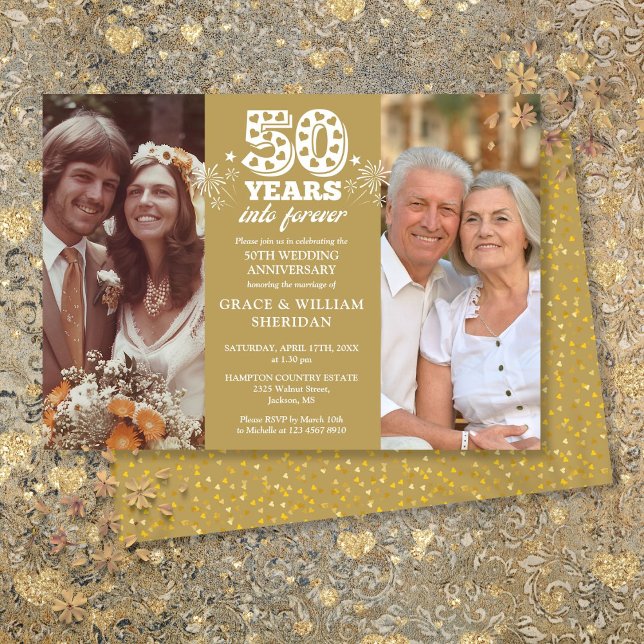 Convite Foto do 50º Aniversário do Casamento Forever 2 (Into Forever 50th Wedding Anniversary 2 Photo Invitation)