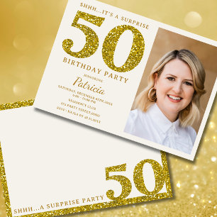 Convite Foto do 50º Aniversário Surpresa Cream Gold Glitte