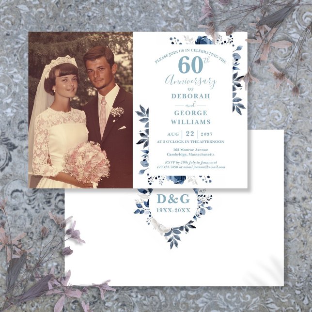 Convite Foto do 60º Aniversário do Casamento da Elegante F (Elegant Floral 60th Wedding Anniversary Photo Invitation)