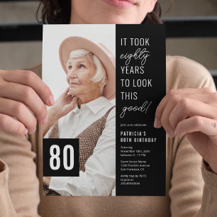 Convite Foto do 80º aniversário preto e branco Eighty