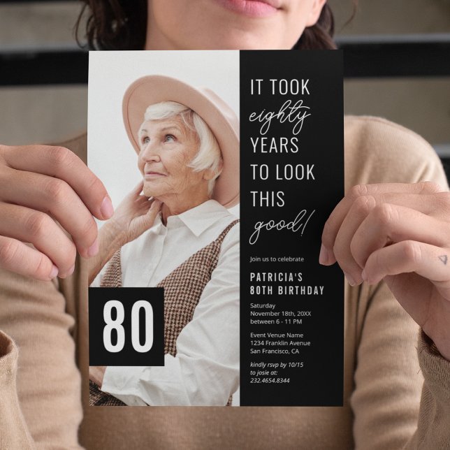 Convite Foto do 80º aniversário preto e branco Eighty (Criador carregado)
