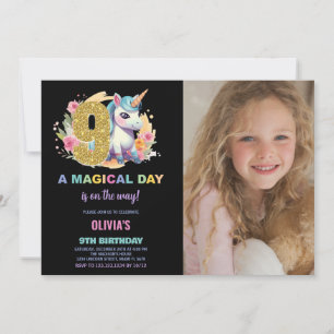 Convite Foto do 9º Aniversário do Unicórn Birthday Invtion